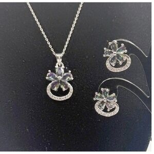 S925 Sterling Silver Floral Necklace & Earrings Set Iridescent CZ